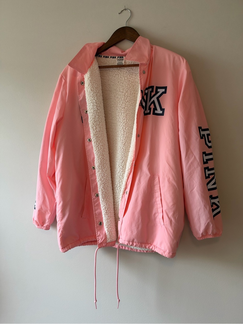 PINK Victoria's Secret Light Pink Sherpa-Lined Varsity Coach Jacket